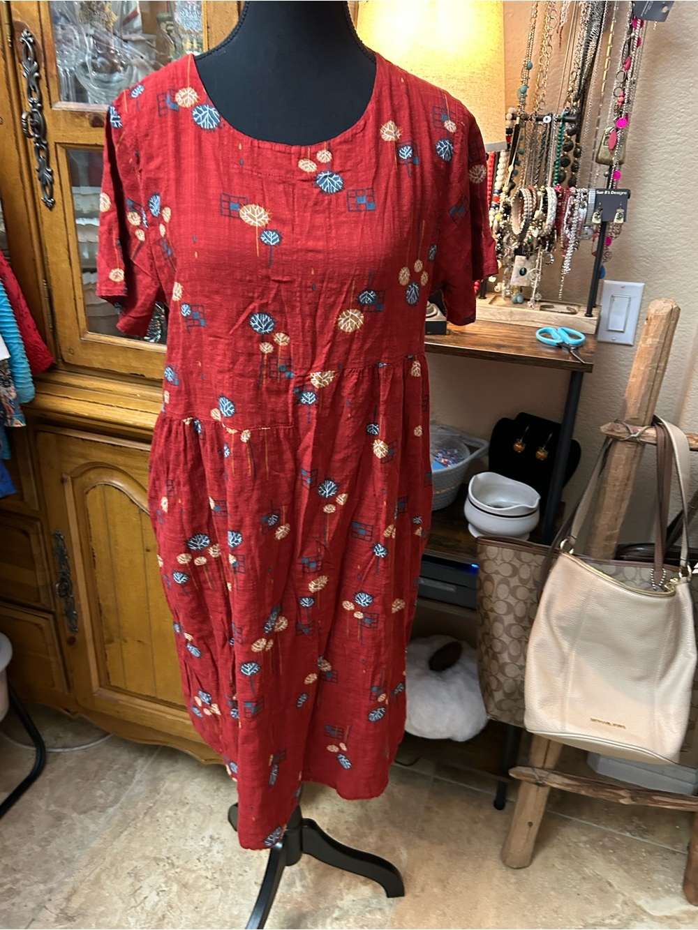 Women’s Red Floral Cotton Blend Dress
